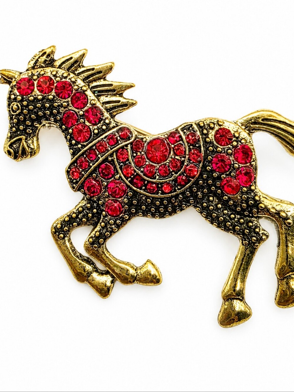 Gold Tone Red Rhinestone Horse Brooch Vintage Style Running Horse Pin